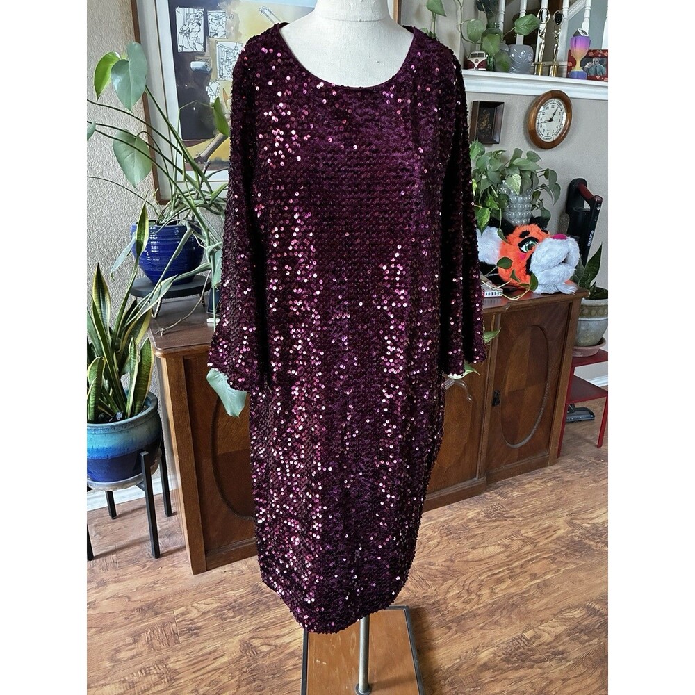 Chico's Maroon Purple Plum Sequin Midi Dress Sz 2 12/14 Celebration City Evening